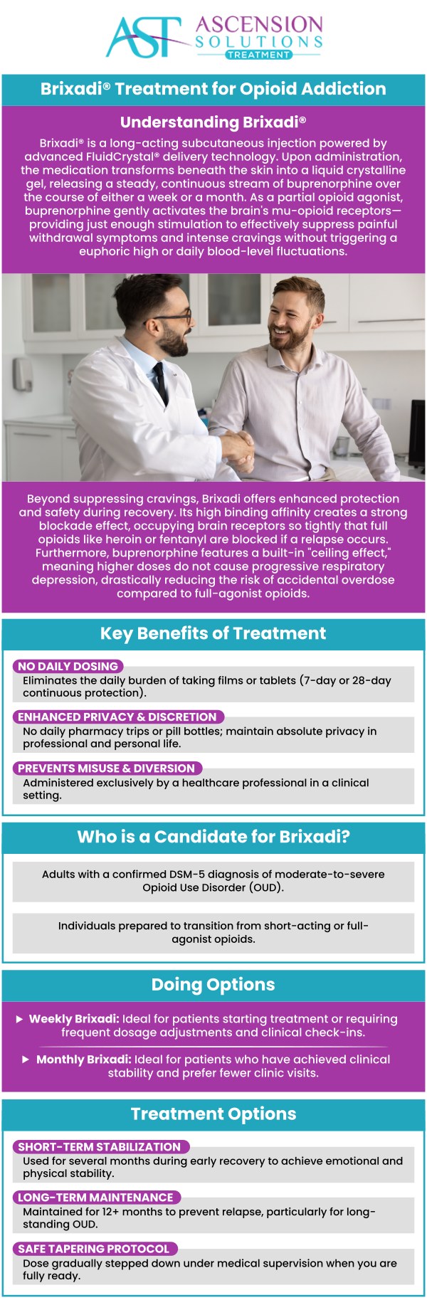 If you're seeking effective Brixadi treatment for opioid addiction in Asheville, NC, look no further than Ascension Solutions Treatment. Dr. Jonathan Hall, MD, and his dedicated team specialize in offering personalized care using Brixadi, a long-acting buprenorphine injection designed to help individuals manage opioid withdrawal symptoms and cravings. Whether you're starting your treatment or need ongoing support, we are here to help you regain control of your life and achieve long-term recovery from opioid addiction. For more information, contact us today or schedule an appointment online. We are conveniently located at 875 A Tunnel Rd, Asheville, NC 28805.